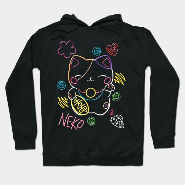 Neon Neko (3) - Cute neon light Japanese beckoning cats to bring you good luck Hoodie by SamInJapan